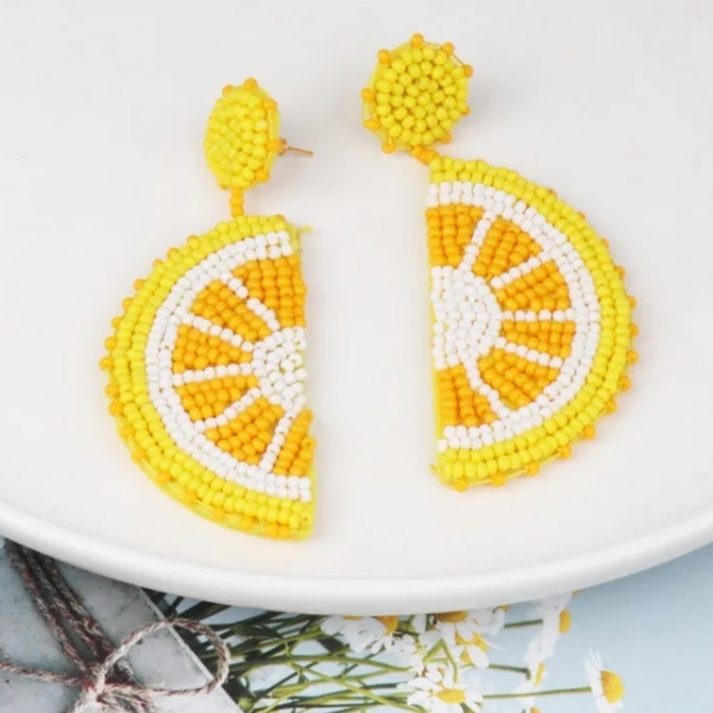 Lemon Earrings Fruit Seed Bead Dangle - Picture 3 of 8